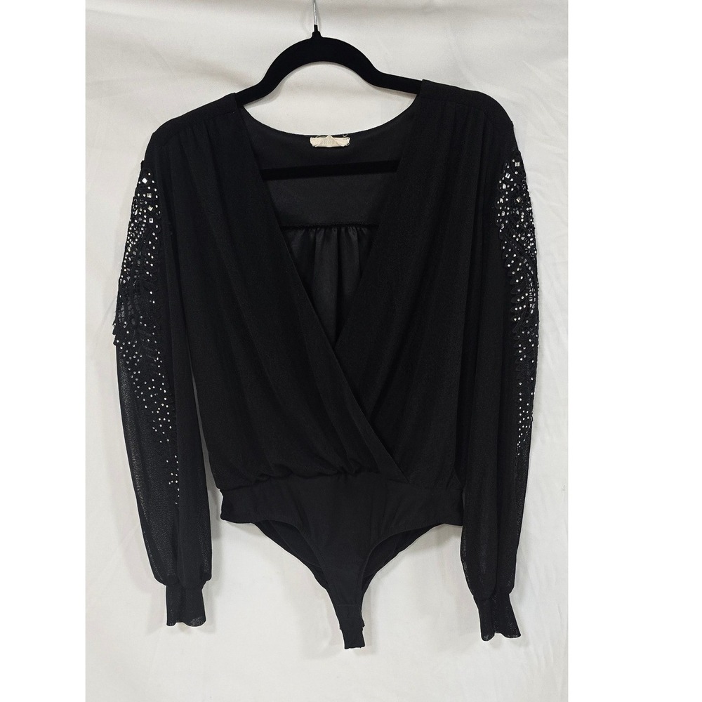 Y2K Ember women M black bodysuit rhinestone sheer lace long sleeve whimsigoth
